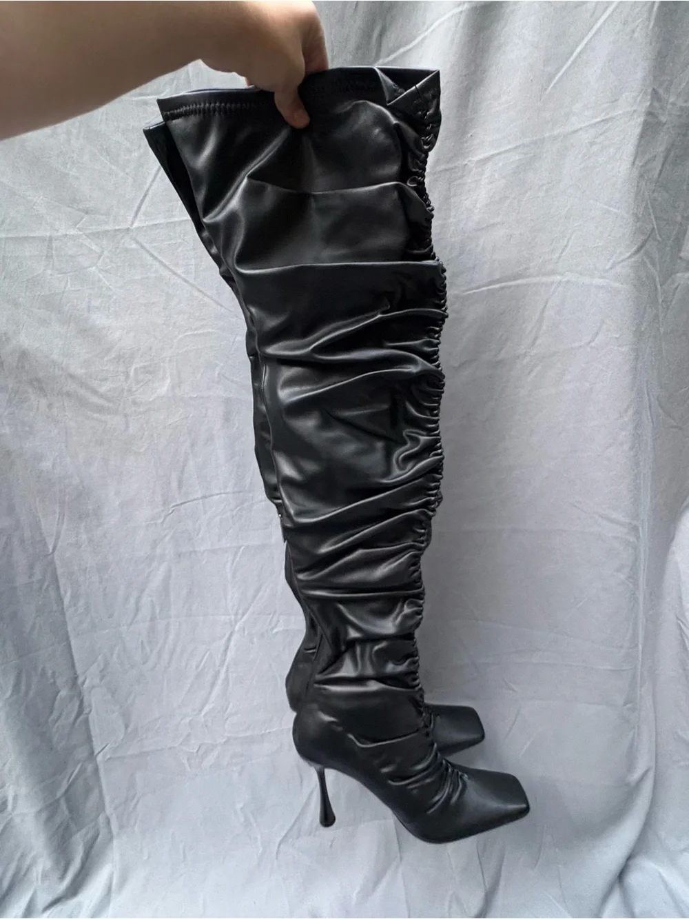 NWOB Cape Robbin Black Ruched Over-the-Knee Thigh High Stiletto Boots